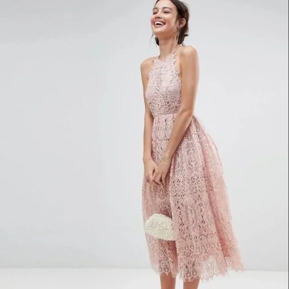 NWT Asos Elegant Pink Lace Midi Dress Size 4